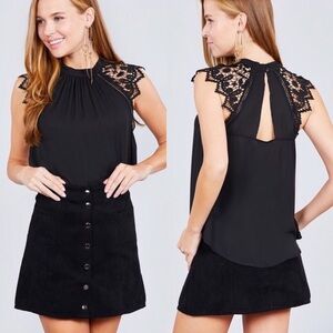 Black Open Back Lace Shoulder Sleeveless Blouse